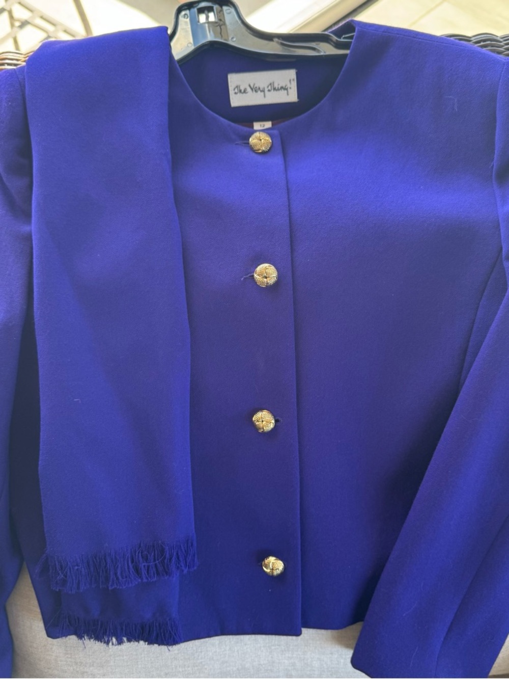 Purple Button-Front Blazer with Fringe Scarf